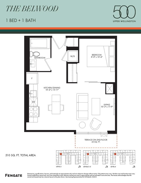Floor plan for 1 bed, 1 bath, 510 sqft